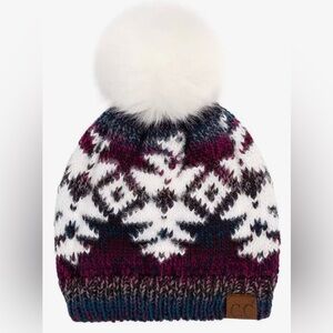 C.C. Multi Yarn Aztec Pattern Pom Beanie-Purple